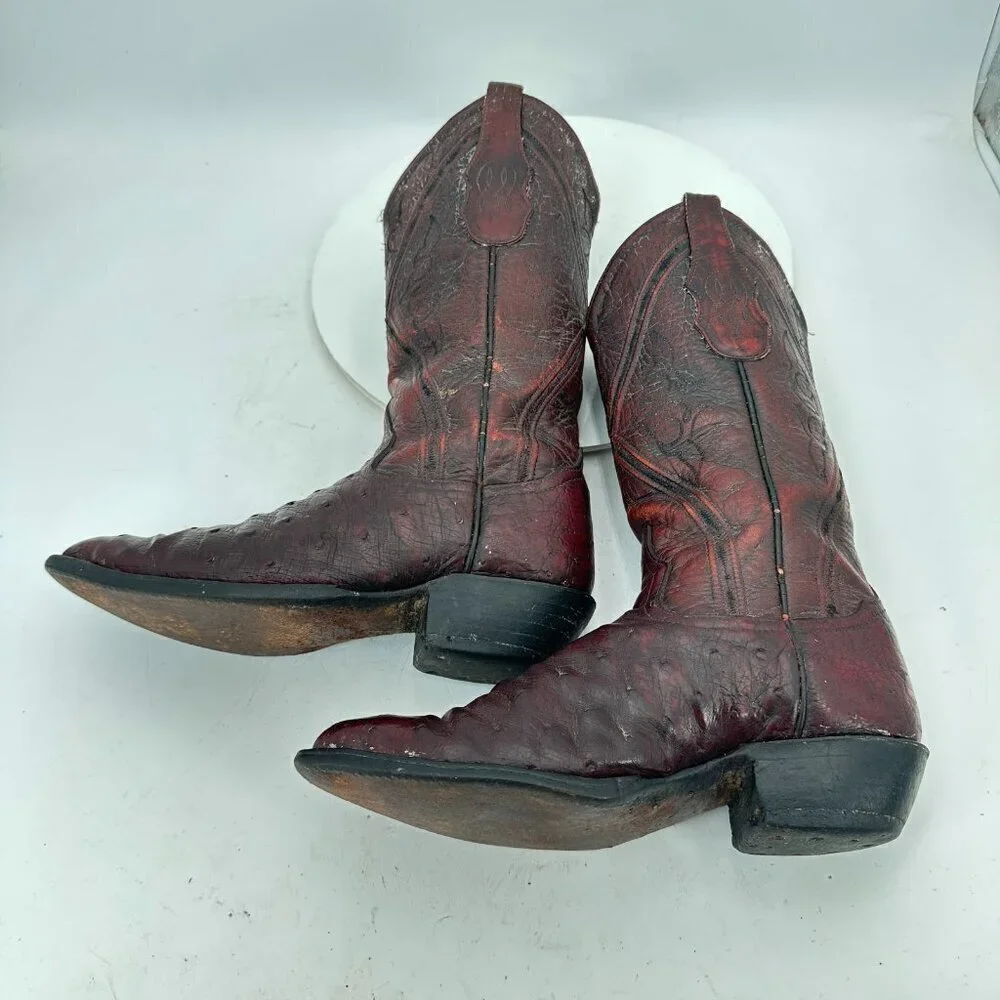 Tony Lama Men Size 7D Burgundy Full Quill Ostrich Leather Pull On Western Boot